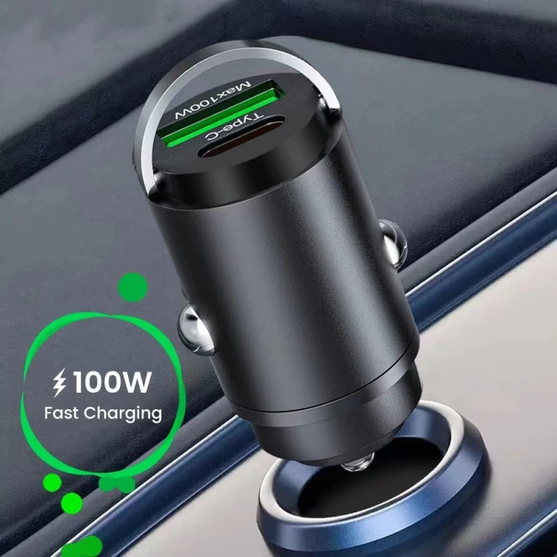 Chargeur de voiture 100w charge rapide métal un chargeur de voiture de remorquage chargeur Flash dans la voiture Mini anneau de traction nouveau chargeur de voiture PD voiture électronique