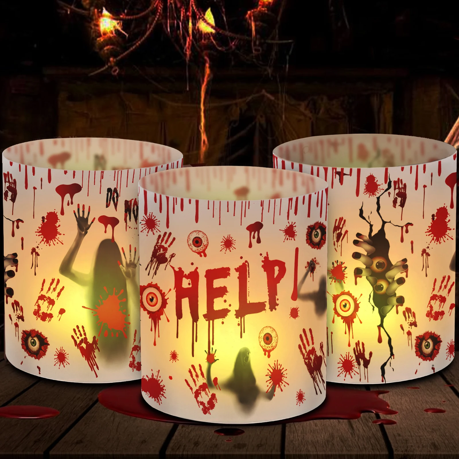 12 Stück Laterne Tischdekoration Halloween Lampenschirm Dekoration Indoor Halloween Dekoration mit Horror Blutiger Handabdruck Zombie Pa