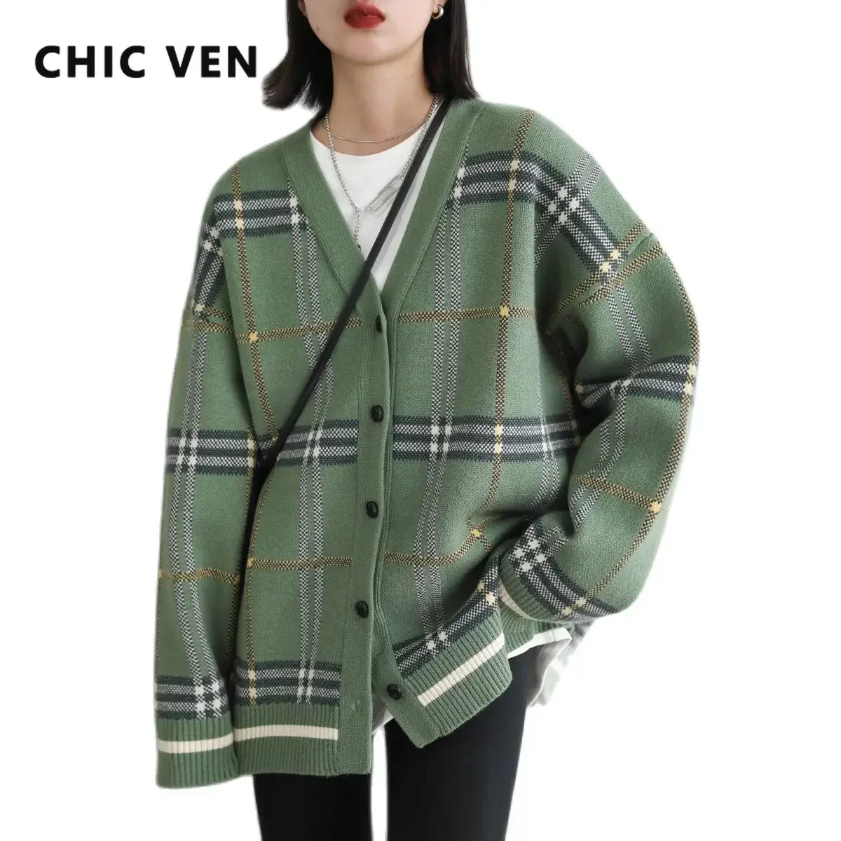 Chic Ven Herbst Winter 2024 Damen pullover Original Vintage lose V-Ausschnitt Plaid Strickjacke koreanische Frauen Damen warmen Mantel