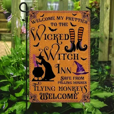 VIKAMA Halloween Garden Flag Double-sided "Welcome to the Evil Witch Inn" Design Terrace Porch Farmhouse Decor Party Supplies