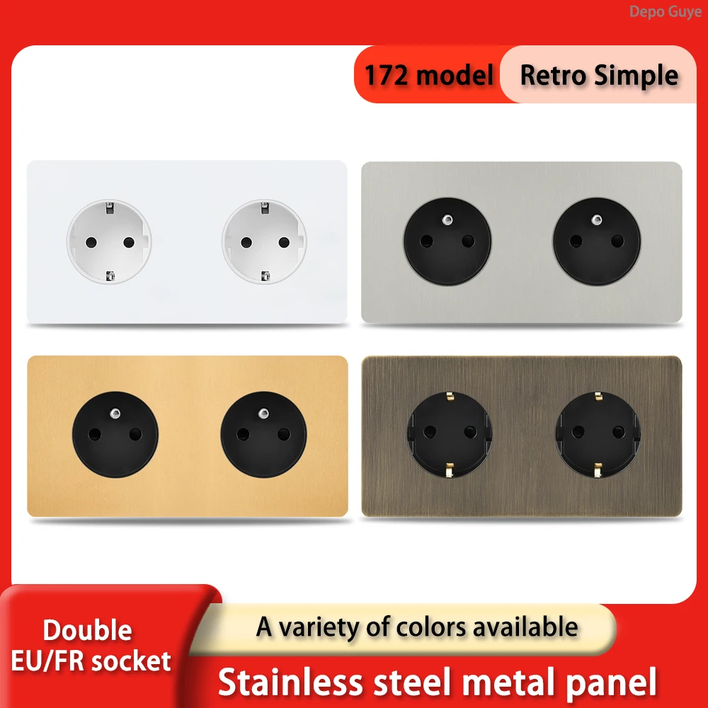 172-Typ Retro-Doppel-EU-Wandsteckdose aus französischem Metall, schwarz/weiß, gebürsteter Edelstahl, antiker Steckdose aus Messing für Zuhause Image