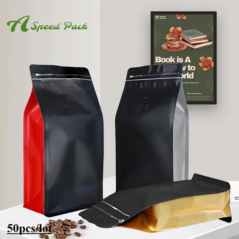 50 Stück geruchsdichte Aluminiumfolie, Kaffeebohnenpulver, ZipLock-Verpackung mit Ventil, 125 g, 250 g, 500 g, 1 kg, Schokoladentee-Nussbeutel Image