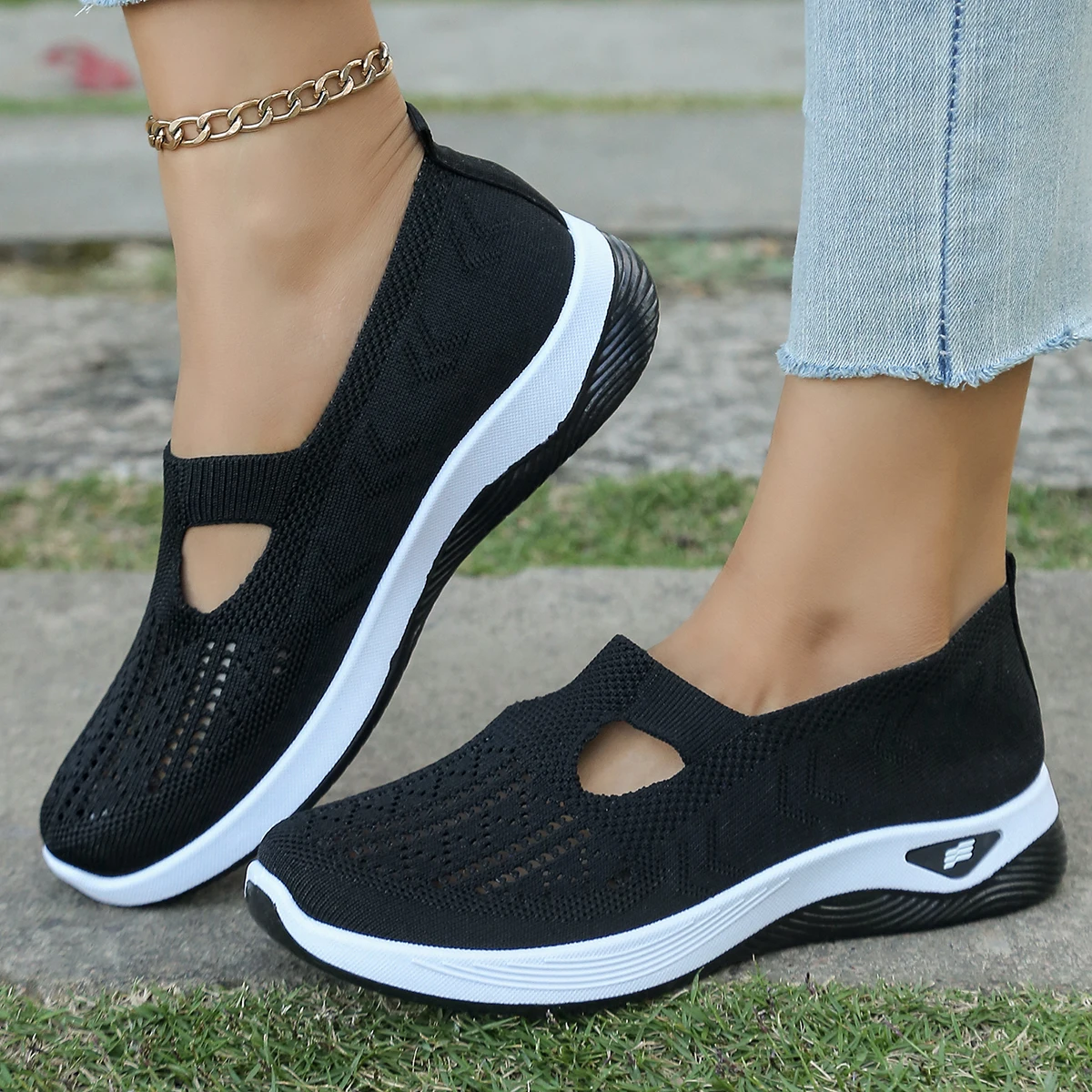 Damenschuhe, Damen-Freizeitschuhe, einfarbige, atmungsaktive Sportschuhe, leichte Wanderschuhe mit weicher Sohle, Low-Top-Strick