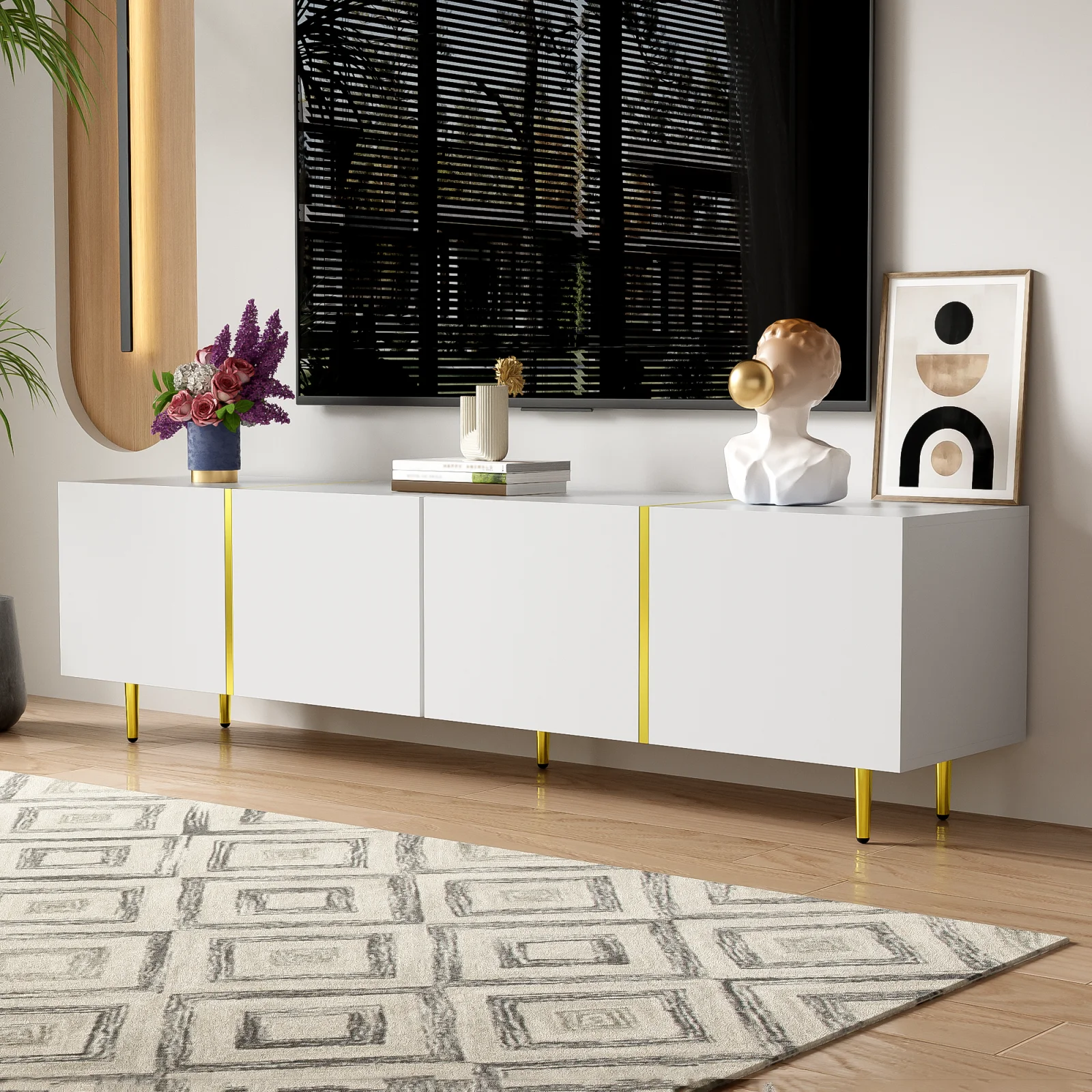 Rosahqnda Schwarzes Hochglanz-TV-Schrank mit 4 Türen, modern und schlicht, in Schwarz-Gold-Farbkombination