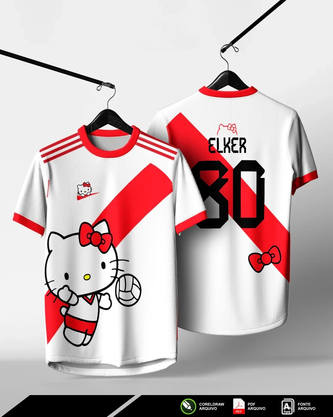 Hello Kitty Soccer Jersey - White with Red Accents Features Hello Kitty with Ball Number 80 Perfect for Cartoon & Football Fans
