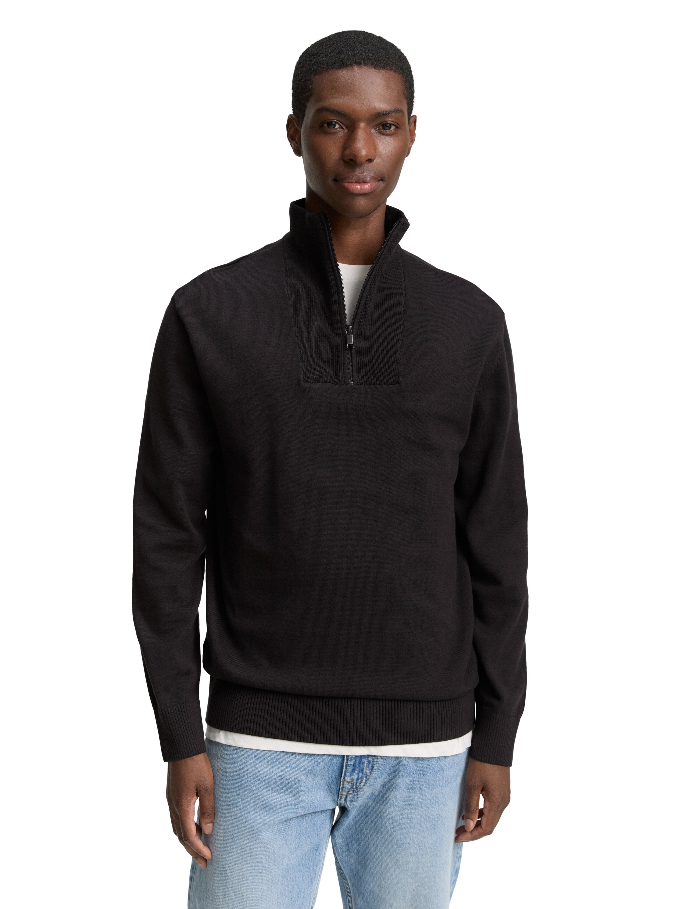 Strickpullover TOM TAILOR DENIM, Herren, Gr. L, schwarz (night watch schwarz), Strick, Obermaterial: 100% Baumwolle, unifarben, regular fit taillenbedeckt, ohne Ausschnitt, Rippbündchen, Pullover Strickpullover, mit Rippbündchen