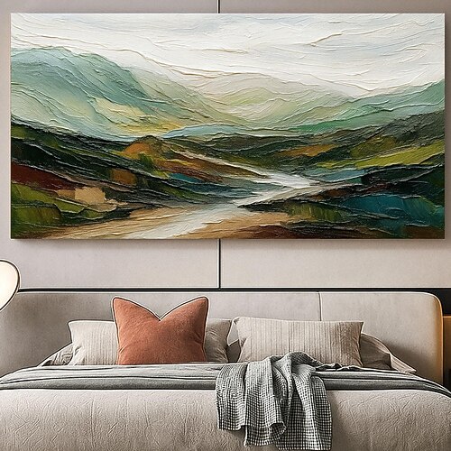 Original Bergölgemälde auf Leinwand 3D Impasto grüne Kunst minimalistisches Landschaftsgemälde abstrakte Textur grüne Wandkunst große Wanddekoration Image