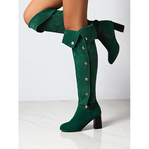 Burgunderrote Overknee-Stiefel aus Wildleder mit Umschlag, Blockabsatz und dekorativen Knöpfen – vielseitiger Herbst Wintermode-Schuhe für stylische Streetwear- und Night-Out-Looks Image