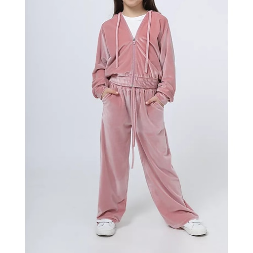 2 Stück Kinder Mädchen Einfarbig Kordelzug Hoodie- und Jogginghosen-Set einstellen Langarm Streetwear Outdoor Ab 4 Jahren Herbst Schwarz Rosa Königsblau Image
