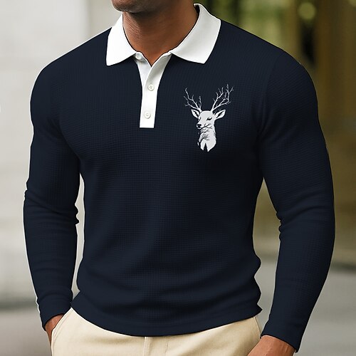 Herren Tiermotiv Hirsch Waffel-Poloshirts Langarm Polo-Shirts Hemden mit Kragen Lässig Büro-Outfit Alltagskleidung Knöpfe Frühling Herbst Winter Blau Marineblau Grün Image