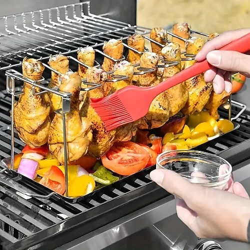 Hähnchenschenkel- und -flügelhalter aus Edelstahl, faltbarer vertikaler Bratenständer zum Grillen, Räuchern, Backen, ideal für Picknick und Camping, leicht zu verstauendes Küchenzubehör Image