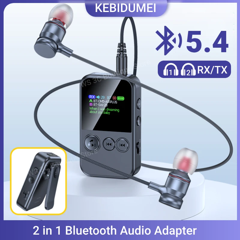 Trasmettitore ricevitore audio Bluetooth 5.4 Lavalier Adattatore wireless per riproduzione di schede AUX TF da 3,5 mm con display LCD per altoparlante TV PC