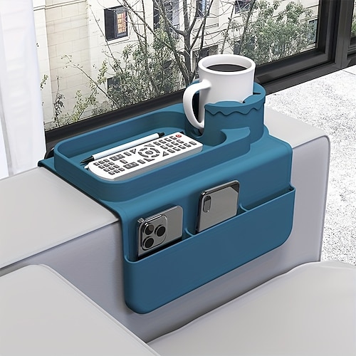 1 Stück multifunktionales Silikon-Armlehnen-Getränkehalter-Tablett, rutschfestes Sofa-Armlehnen-Tablett mit Getränkehalter – hitzebeständiger Couch-Untersetzer, Organizer mit Seitentaschen für Image