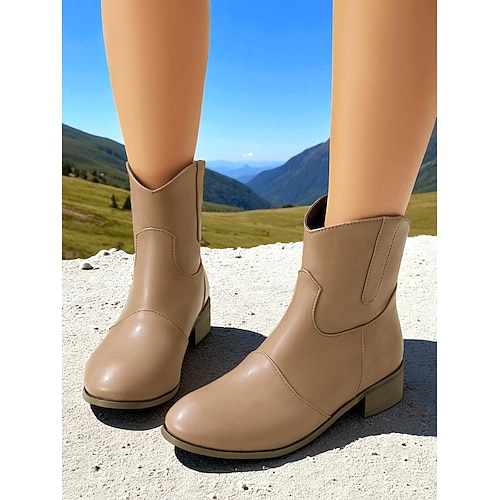 Weinrote Damenstiefeletten aus Kunstleder – lässige Stiefeletten im Westernstil mit niedrigem Absatz für Arbeit, Reisen und Alltagsoutfits Image