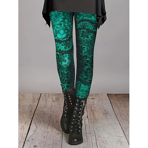Damen Leggings Urlaub Vintage Mode Volle Länge Hohe Taille Blumen Grafik Drucken Thermowarm Weich Atmungsaktiv Dehnbar Täglich Outdoor Urlaub Rote Blau Orange Grün Frühling Herbst Winter Schmale Image