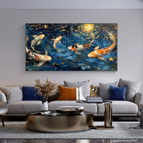 handgemachtes Original Fischschule Ölgemälde auf Leinwand Wand abstraktes Tiergemälde für Wohndekor mit gespanntem Rahmen/ohne Innenrahmen Gemälde Image