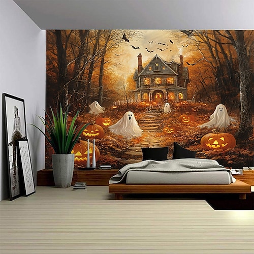 Halloween-Wandteppich, Wandbehang mit Geister-Kürbis-Laterne und Spukhaus-Muster, großer Wandhintergrund für Schlafzimmer, Wohnzimmer, Party und Heimdekoration Image