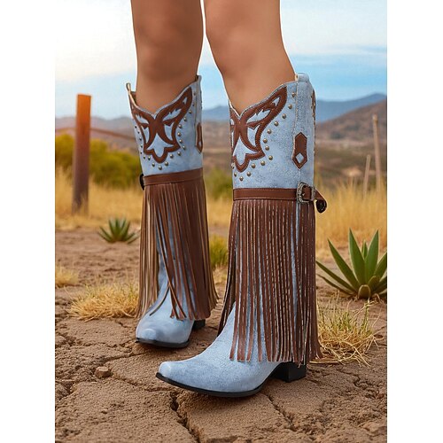 Damenstiefel im Western-Stil mit Fransen in Blau und Braun – kniehohe Stiefel aus besticktem Kunstleder für Rodeo-Stil, Country-Konzerte und Festival-Outfits Image