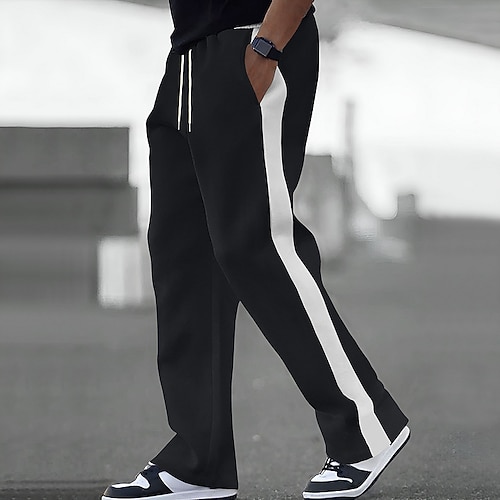 Herren Jogginghose Hose Gerade geschnittene Sweatpants Kordelzug Tasche Elastischer Bund Farbblock Komfort Sport im Freien Täglich Mode Lässig Schwarz Weiß Mikroelastisch Image