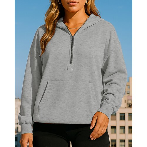 Damen Lässiges Sweatshirt Hoodie Viertelreißverschluss Langarm Oberteil Athleisure Herbst Einfarbig Mode Outdoor Reise Sportbekleidung Sportkleidung Schwarz Leicht Grün Purpur Image