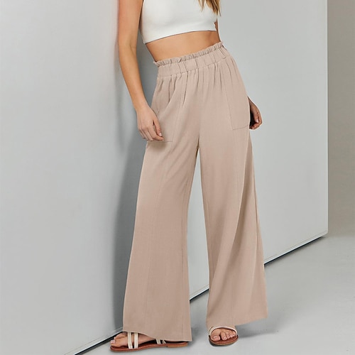 Damen Weites Bein Stoffhosen Streetwear Lässig Volle Länge Natürliche Taille Einfach Tasche Elastischer Bund Bequem Straße Ferien Alltagskleidung Blau Minzgrün Braun Armeegrün Herbst Normale Passform Image