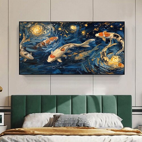 handgemachtes Original Fischschule Ölgemälde auf Leinwand Wand abstraktes Tiergemälde für Wohndekor mit gespanntem Rahmen/ohne Innenrahmen Gemälde Image