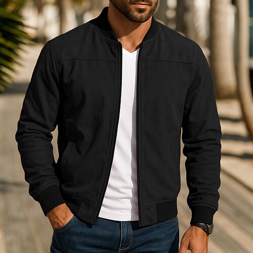 Herren Outdoorjacke Imitat-Lederjacke Bomberjacke Formell Heim Reißverschluss Tasche Herbst Winter Einfarbig Aktiv Neutral Kragen Regulär Schwarz Marineblau Blau Braun Grün Jacken Image