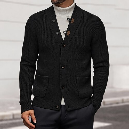 Herren Pullover Kleid Pullover Strickjacke Strickpullover Gerippt Stricken Normale Oberteile Gestrickt Gerippt Einfach V Ausschnitt Mode Schals Lässig Alltagskleidung Bekleidung Herbst Winter Schwarz