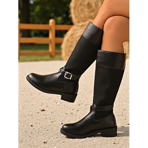 Braune Damen-Reitstiefel aus Kunstleder mit Schnalle und Canvas – lässige, zweifarbige Kniestiefel für Arbeit, Reisen und Outdoor Image