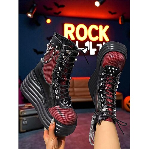 Rote Mesh-Plateau-Bikerstiefel für Damen mit Nieten und Ketten – Gothic-Punk-Schnürstiefeletten mit hohem Absatz für Halloween, Konzerte und alternative Streetwear Image