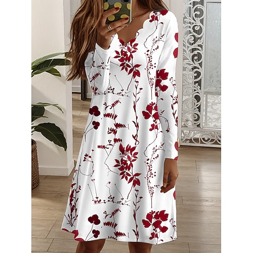 Damen Minikleid Shiftkleid A Linie Kleid Lässig Täglich Normale Passform Blumen Grafik Langarm V Ausschnitt Gelb Rote Blau Purpur Frühling Herbst Winter Image