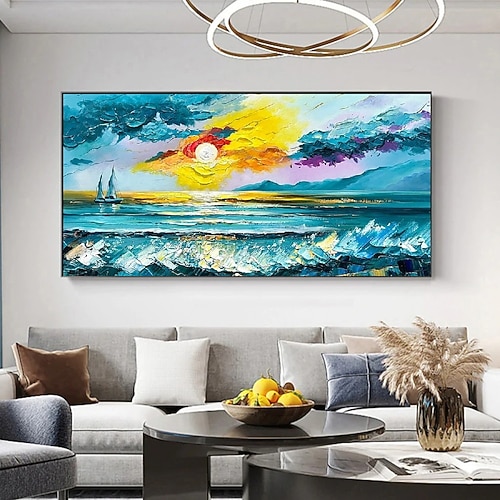 handgefertigtes 3D-Ölgemälde einer Küstenlandschaft, Küstenlandschaft mit Segelbootszene mit lebendiger Farbpalette und pastosen Pinselstrichen, einzigartiges Stück für die Heimdekoration, moderne Image