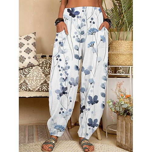 Damen Chinos Hosen Hose Aktiv Mode Lang Hohe Taille Blumen Tasche Elastischer Bund Drucken Atmungsaktivität Weich Mikroelastisch Urlaub Straße Alltagskleidung Blau Purpur Frühling Herbst Normale Image
