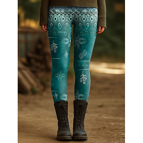 Damen Leggings Urlaub Vintage Mode Knöchellang Hohe Taille Grafik Geometrisch Drucken Thermowarm Weich Atmungsaktiv Dehnbar Täglich Outdoor Urlaub Blau Purpur Grün Grau Frühling Herbst Winter Schmale Image