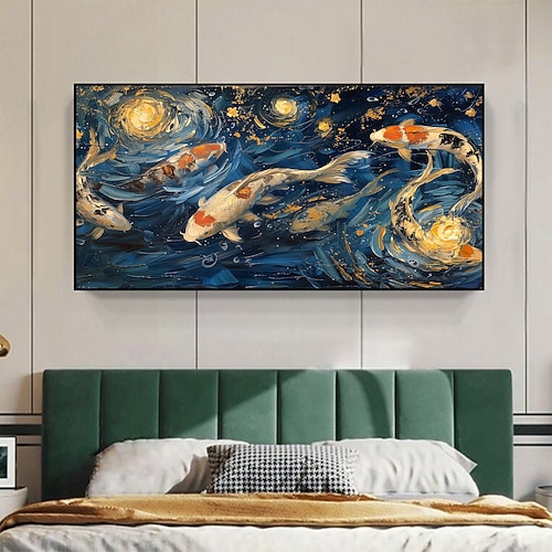 handgemachtes Original Fischschule Ölgemälde auf Leinwand Wand abstraktes Tiergemälde für Wohndekor mit gespanntem Rahmen/ohne Innenrahmen Gemälde Image