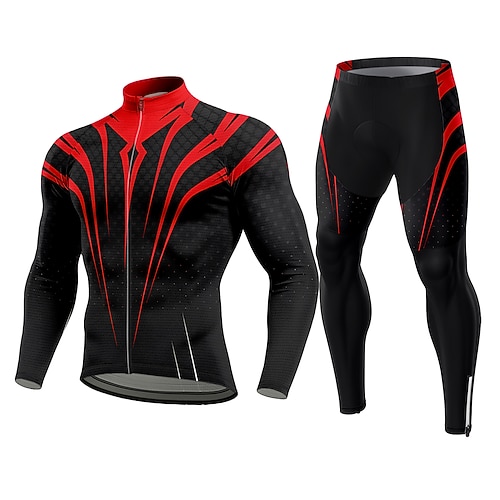 Herren Radtrikot mit Hose Radtrikot Langarm Winter Herbst Rote Grafik Geometrisch Fahhrad Thermowarm 3D-Polster Schnelltrocknend Anatomisches Design UV-beständig Sport Bekleidung Image