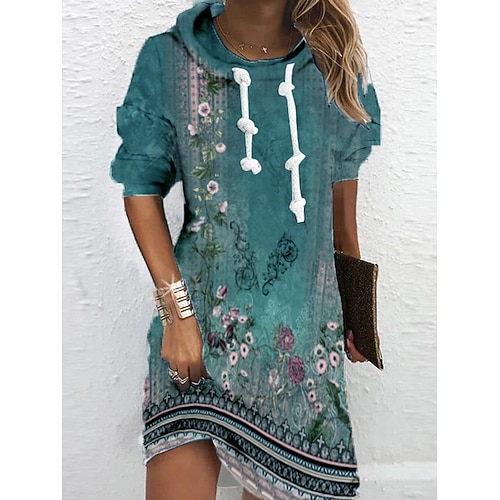 Damen Hoodie Kleid Mini Kleid Schichtkleid Shift Kleid Party Lässig Boho Outdoor Zuhause Sport Reguläre Passform Floral Grafik Langarm Kapuze Blau Grün Frühling Herbst Winter Image
