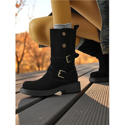 Damen-Wadenstiefel aus Wildleder mit Schnallenriemen, lässiger Retro-Stil, bequeme Schuhe mit niedrigem Absatz für urbane Streetwear und Alltagsoutfits Image