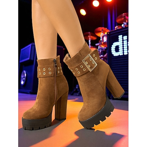 Schwarze Plateaustiefeletten aus Wildleder für Damen mit dickem Absatz und goldener Schnalle Reißverschluss - edgy Party Konzertschuhe für Herbst- und Winteroutfits Image