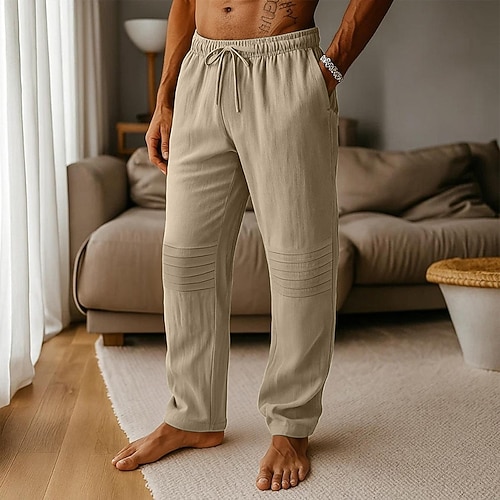 Herren Leinenhosen Hose Sommerhose Baggy-Hosen Elastischer Bund Falten Gerader Schnitt Einfach Komfort Atmungsaktiv Volle Länge Outdoor Lässig Täglich Urlaub Mode Schwarz Weiß Unelastisch Image