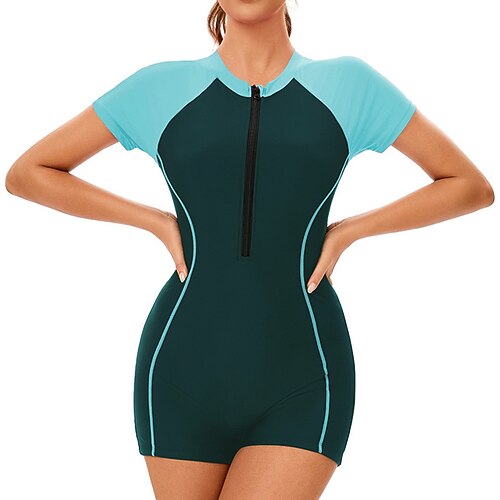 Damen Anti UV Shirt Badeanzug Badeanzug Bademode Patchwork Reißverschluss UV-Sonnenschutz UPF50 Kurzarm Bademode Surfen Schwimmen Sommer Image