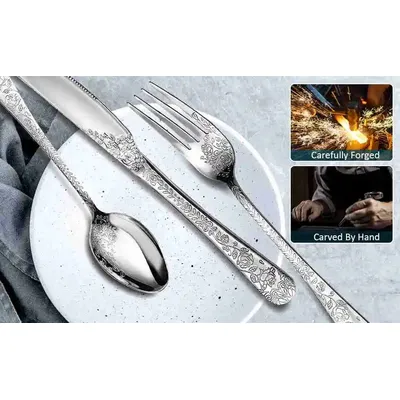 Stainless Steel Silverware Set Floral Engraved Knife Fork Spoons Cutlery Set for Home Kitchen Stainless Steel Flatware Set