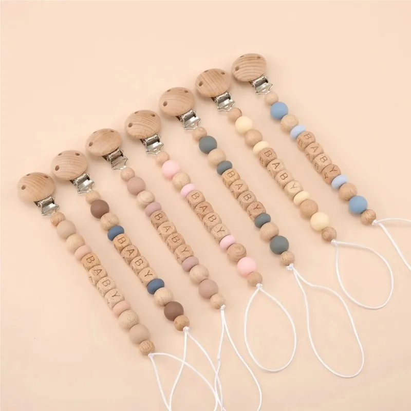 Neue Baby Schnuller Kette Clips Holz Pentagramm Beißring Silikon Runde Perlen Zahnen Kette Für Pflege Schnuller Kauen Spielzeug Dusche Geschenk Image