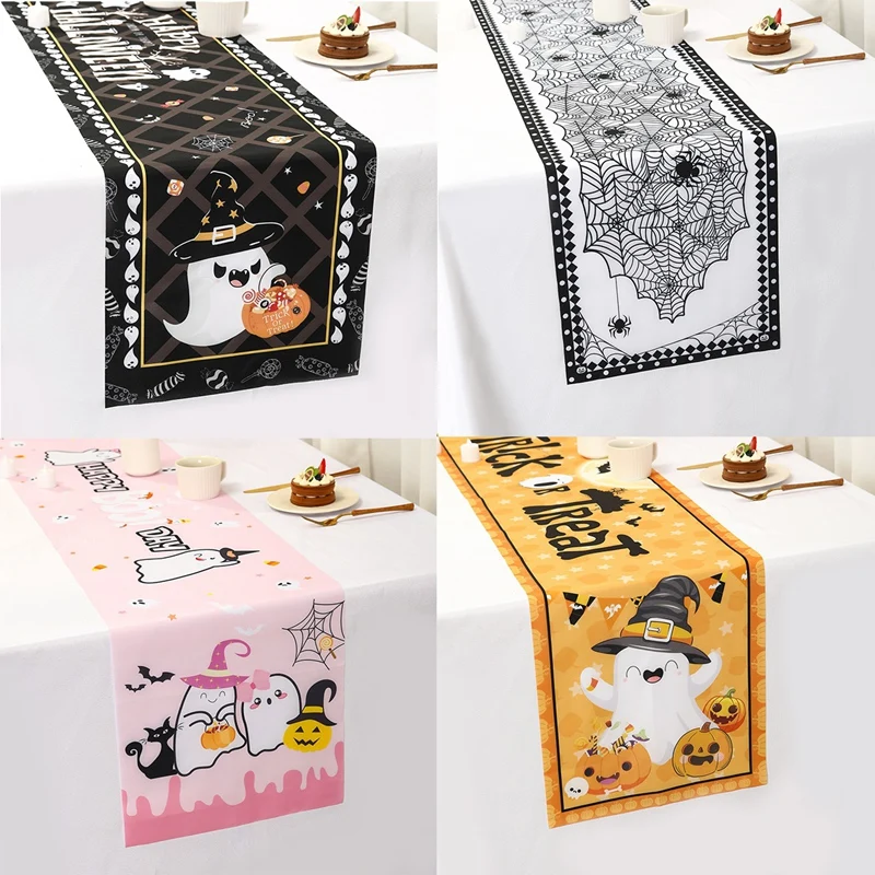 Halloween Tischläufer Kürbis Geist Spinnennetz Schädel Esstisch Dekoration Gruselige Tischdecke für Halloween Dinner Party Dekor Image