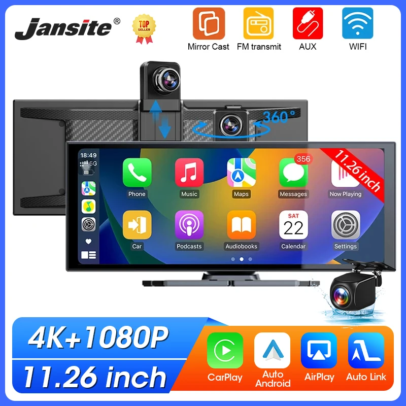 11,26 Zoll 4K Dashcam Auto-DVR Kabelloses Carplay Android Auto Touchscreen-Videokamera-Recorder Armaturenbrett BT5.0 FM AUX GPS Image