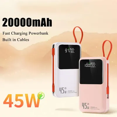 PD45W Tragbare Powerbank 20000 mAh Zwei-Wege-Schnelllade-Powerbank für iPhone Xiaomi Externes Ladegerät Eingebaute 2 Kabel