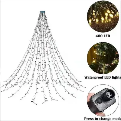 400LED Christmas Tree Topper Star Waterfall Lights Timer Outdoor Garden Memory Fairy String Lights Garland Holiday Lighting