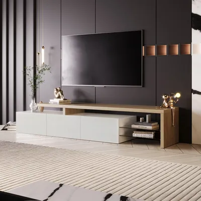 Rosahqnda TV Cabinet for Living Room,TV Lowboard,Sideboard, with LED,2 Glass Partition,3 Drawers,White High Gloss