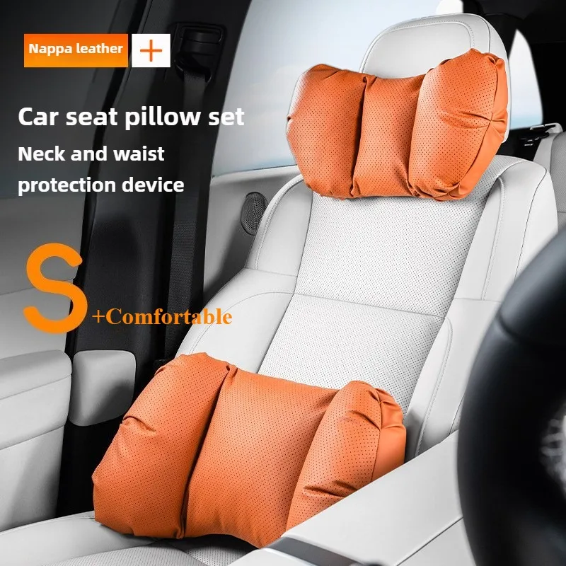 Nappaleder Weiches Autositz Nacken- und Rückenkissen Komfort Auto Nacken Taille Kissen Zubehör Innenraum Auto Kopfstütze Lordosenstütze Image