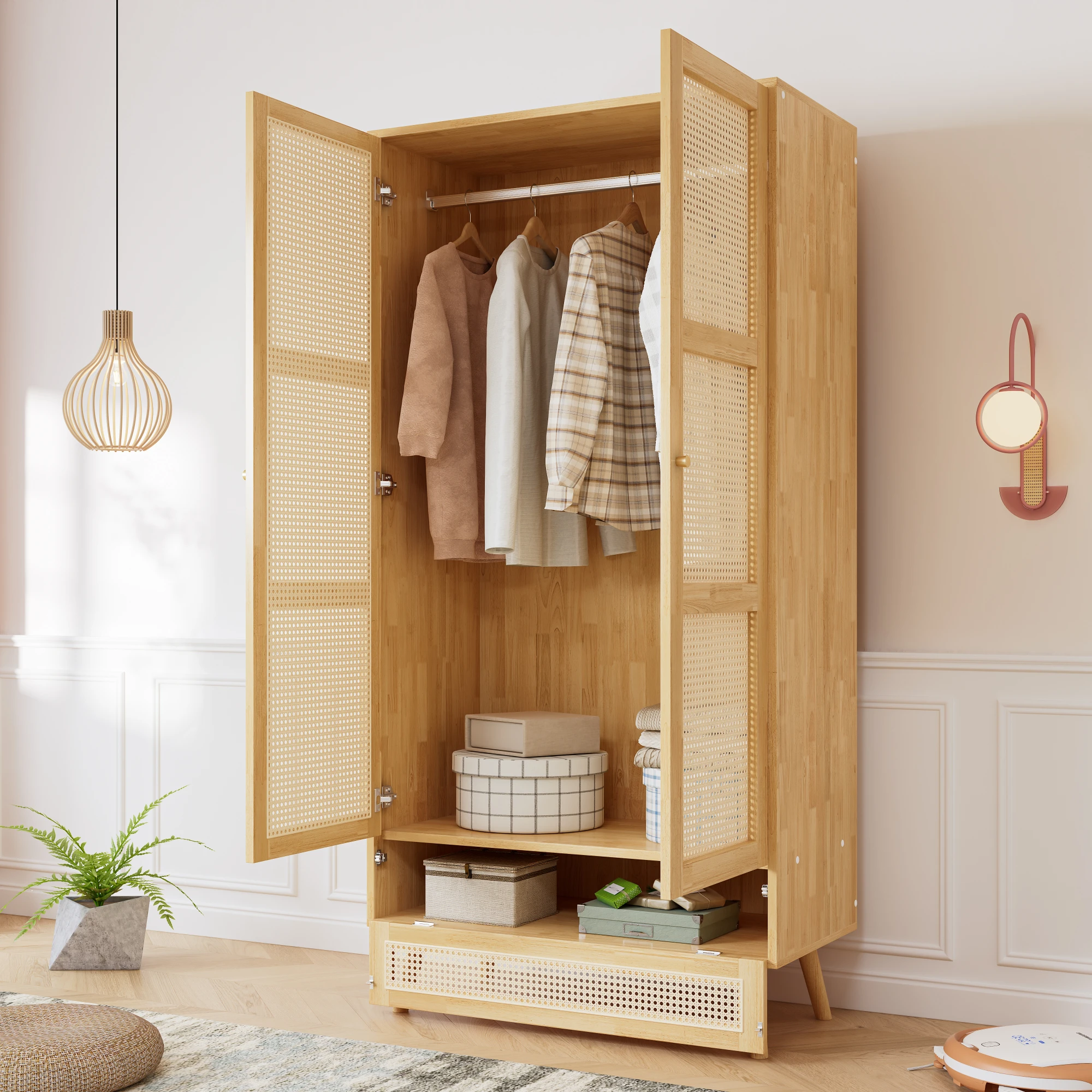 Anajqaqia 90×45×183 cm Rattan-Netzgarderobe, 2-türiger Kleiderschrank, mit Stange und unterem Flip-Top-Deckel, Spanplatte+PE-Rattan, Natur